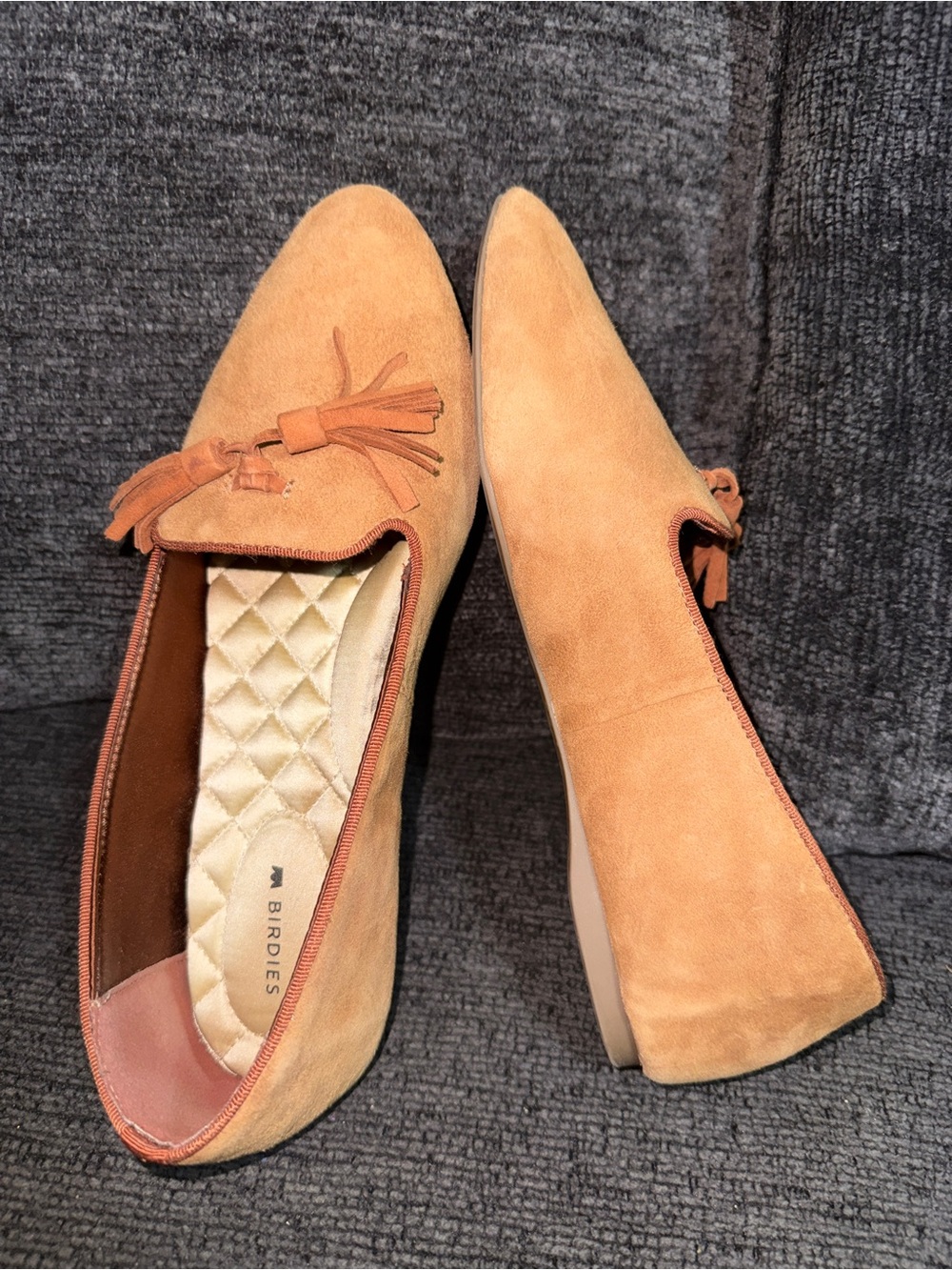 Birdies Camel Suede Tassel Pointed-Toe Loafers